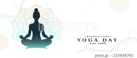 international yoga day white banner woman in yoga posture 133936765