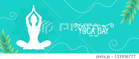international yoga day celebration banner with green leaves international yoga day celebration banner with green leaves 133936777