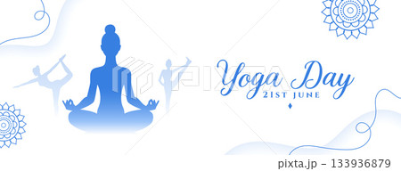 international yoga day white banner woman in different asana international yoga day white banner woman in different asana 133936879