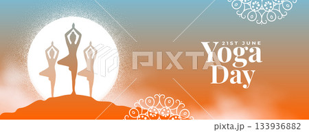 world yoga day morning banner woman practicing surya namaskar 133936882