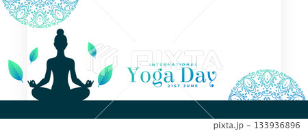 international yoga day poster woman in posture with falling leaves 133936896