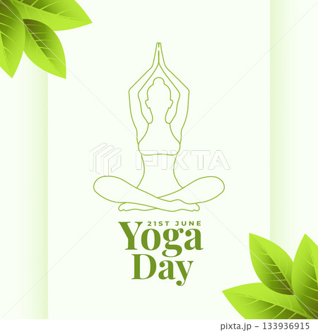 line art yoga day eco poster, woman in yoga pose with green leaves line art yoga day eco poster, woman in yoga pose with green leaves 133936915