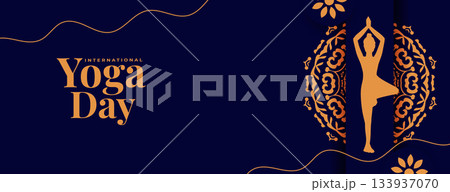 international yoga day purple banner woman in yoga posture 133937070