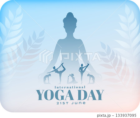 21st june global yoga day, group of woman in yoga pose with leaves 133937095