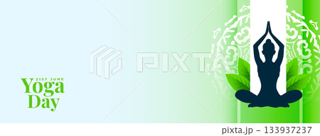 21st june world yoga day banner with green leaves 133937237