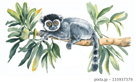 Andasibe-Mantadia NP. Andasibe-Mantadia NP hand drawn watercolor illustration on white background 133937379