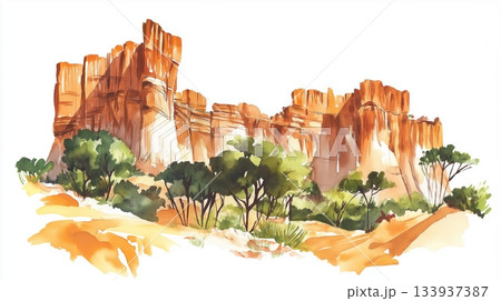 Bandiagara Escarpment. Bandiagara Escarpment hand drawn watercolor illustration on white background 133937387
