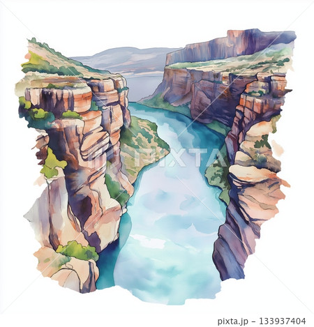Blyde River Canyon. Blyde River Canyon hand drawn watercolor illustration on white background 133937404