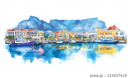 Cape Town Waterfront. Cape Town Waterfront hand drawn watercolor illustration on white background 133937419