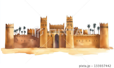 Djenne Mosque. Djenne Mosque hand drawn watercolor illustration on white background 133937442