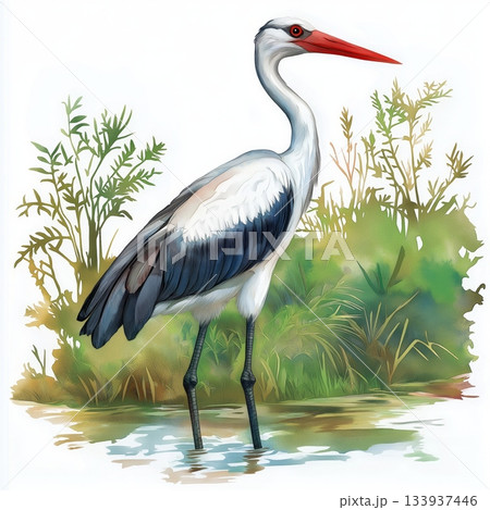 Djoudj National Bird Sanctuary. Djoudj National Bird Sanctuary hand drawn watercolor illustration on white background 133937446