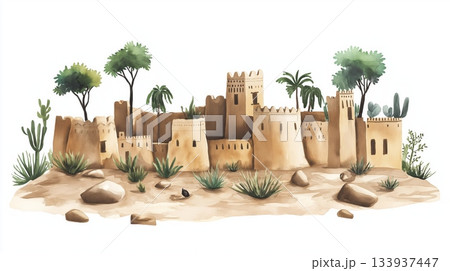 Dogon Country. Dogon Country hand drawn watercolor illustration on white background 133937447