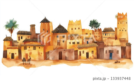 Dogon Country. Dogon Country hand drawn watercolor illustration on white background 133937448