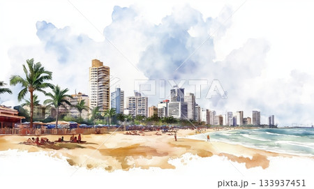 Durban Beaches. Durban Beaches hand drawn watercolor illustration on white background 133937451