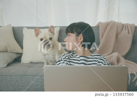 パソコン作業をする女性と見守る犬 133937560
