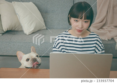 パソコン作業をする女性と見守る犬 133937704