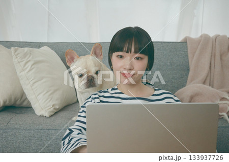 パソコン作業をする女性と見守る犬 133937726