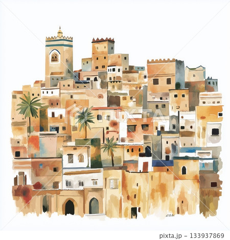 Fes el-Bali. Fes el-Bali hand drawn watercolor illustration on white background Fes el-Bali. Fes el-Bali hand drawn watercolor illustration on white background 133937869