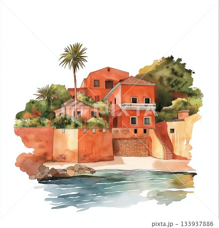 Goree Island. Goree Island hand drawn watercolor illustration on white background 133937886