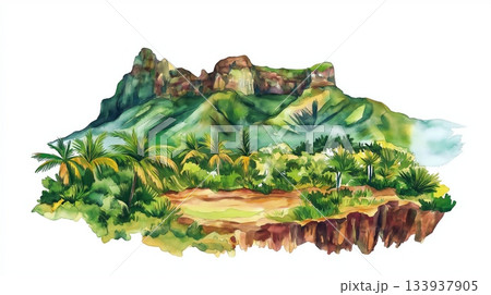 Chamarel Seven Colored Earth. Chamarel Seven Colored Earth hand drawn watercolor illustration on white background Chamarel Seven Colored Earth. Chamarel Seven Colored Earth hand drawn watercolor illustration on white background 133937905