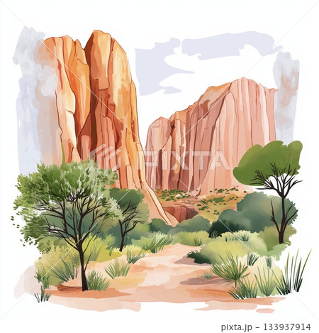 Isalo National Park. Isalo National Park hand drawn watercolor illustration on white background 133937914