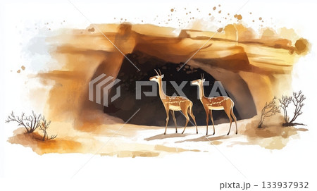 Laas Geel Cave Paintings. Laas Geel Cave Paintings hand drawn watercolor illustration on white background Laas Geel Cave Paintings. Laas Geel Cave Paintings hand drawn watercolor illustration on white background 133937932