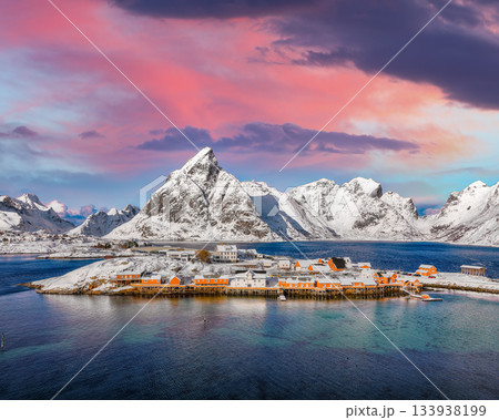 Amazing view of Sakrisoy village and snowy mountaines on background Amazing view of Sakrisoy village and snowy mountaines on background 133938199