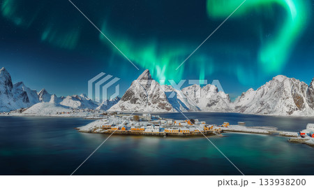Amazing view of Sakrisoy village and snowy mountaines on background at night with Northern Lights 133938200