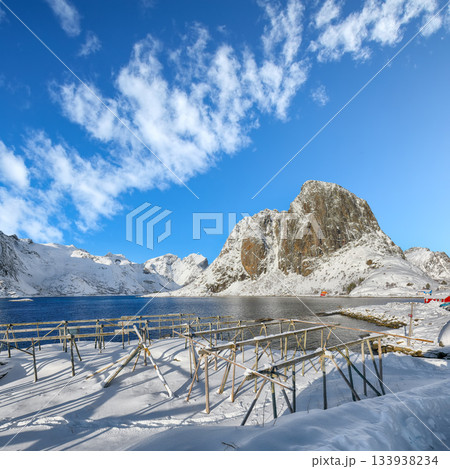 Fantastic winter view on Hamnoy village and  lots of empty drying racks. 133938234