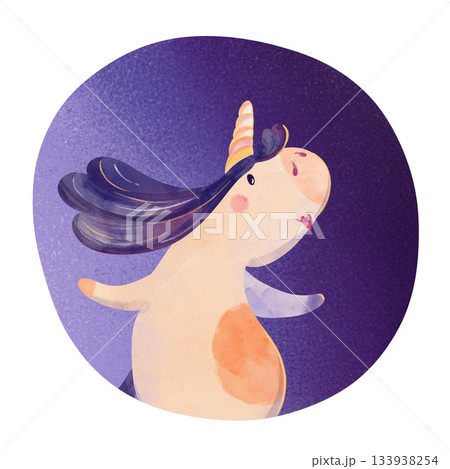 Cute whimsical unicorns floating on dark purple watercolor splash. Magical children's illustration for nursery decor, kids' cards, stickers, baby shower, fairy tale designs, wallpaper, nursery decor 133938254