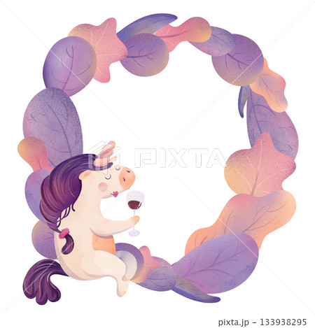 Unicorn with purple mane holding wine glass with a magical autumn wreath of colorful leaves. Adorable children's illustration nursery decor, fairy tales, greeting cards, stickers, baby shower designs 133938295