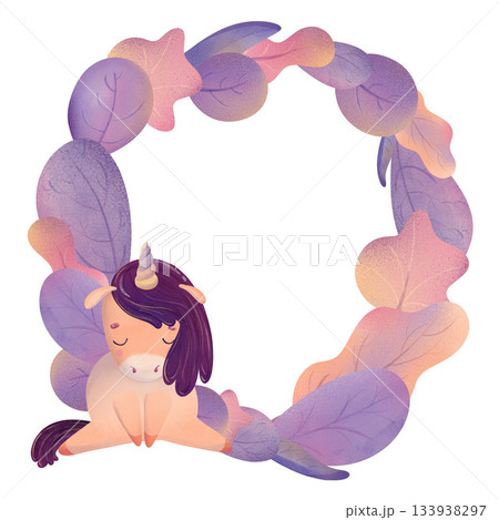 Chubby unicorn purple mane trotting happily with a magical autumn wreath of colorful leaves. Adorable children's illustration nursery decor, fairy tales, greeting cards, stickers, baby shower designs Chubby unicorn purple mane trotting happily with a magical autumn wreath of colorful leaves. Adorable children's illustration nursery decor, fairy tales, greeting cards, stickers, baby shower designs 133938297