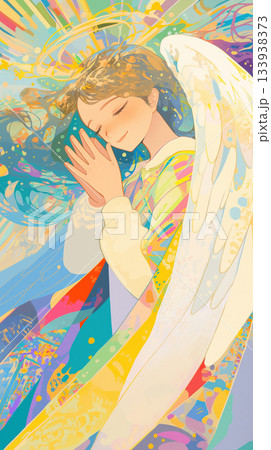 繊細な線とやさしい色彩で描かれた天使の祈り｜神秘的で美しい手描き風イラスト｜静けさと敬虔さを表現 133938373