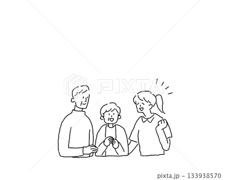 高齢夫婦と看護師、介護士の女性、線画 133938570