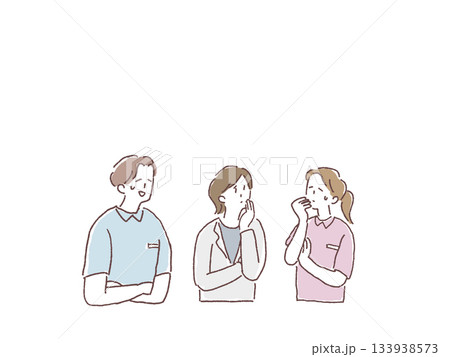 困った顔をするケアマネージャー、看護師、介護士、相談員の男性と女性、 困った顔をするケアマネージャー、看護師、介護士、相談員の男性と女性、 133938573