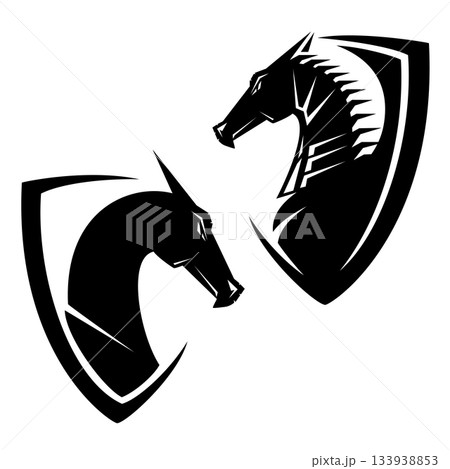 fairy tale dragon head and coat of arms shield black and white vector design 133938853