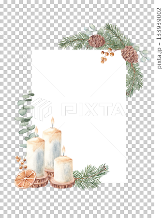Christmas Advent square vertical Frame, Border. Corner Compositions with Winter plants, Candle and handmade Wicker star Toy. Hand drawn Botanical Illustration of Fir Branches, Eucalyptus, Pine Cone 133939002