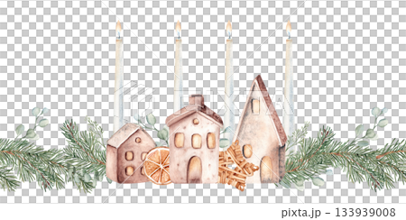 Cozy winter seamless border, pattern with fir branches, ceramic houses, lanterns and candles. Eucalyptus and dry orange slices. Fourth Advent, Christmas. Hand drawn Watercolor botanical illustration 133939008