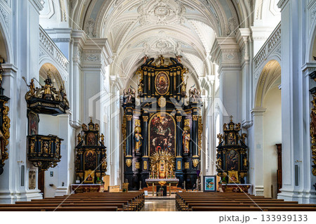 Passau, Germany - Apr 16, 2025: The interior of Parochial Church St Paul, the oldest parish church of Passau, Germany Passau, Germany - Apr 16, 2025: The interior of Parochial Church St Paul, the oldest parish church of Passau, Germany 133939133