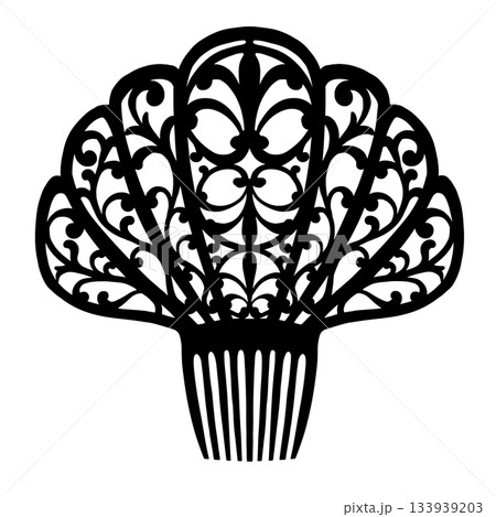 Hair comb in openwork silhouette of a traditional Spanish,classic accessory for Flamenco dance and cultural dress.Vector illustration black and white for event branding,cultural projects,fashion 133939203