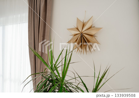 Golden paper star decor hanging on a bright interior wall near green indoor plants. Soft natural light creates a cozy, festive and minimalist atmosphere suitable for Christmas or modern home styling 133939508