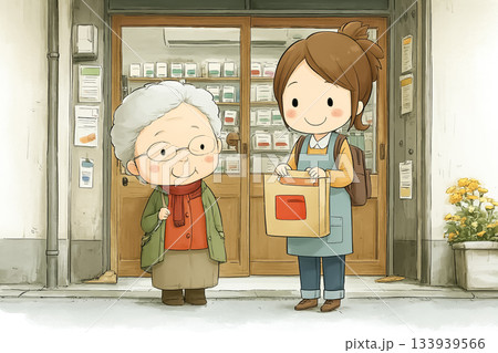 美優シリーズ：美優が高齢者の薬を薬袋に入れて持ち帰りを手伝っているシーン 133939566