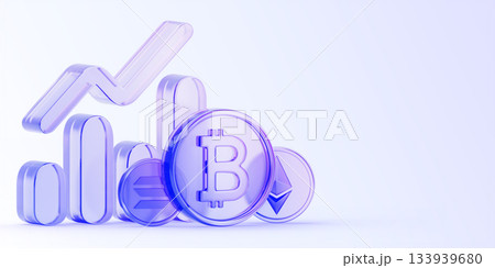Cryptocurrency exchange market 3d banner. Glass holographic crypto trading chart with bitcoin, ethereum and solana coins for buy and sell. Digital money mining, blockchain technology. 3D illustration 133939680