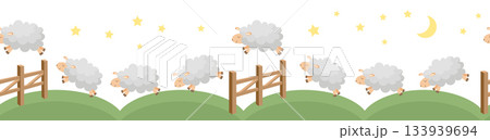 Seamless border with cute cartoon sheep jumping over fence. Counting sheep to fall asleep. 133939694