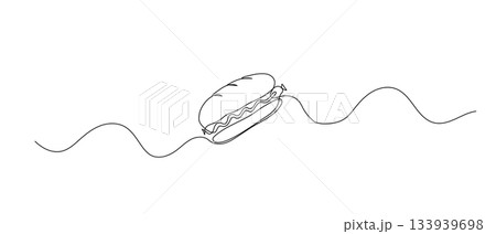 Hot dog one line illustration. Hand drawn doodle vector fast food sketch isolated on white 133939698
