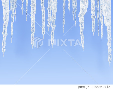 Ice stalactites frame - white transparent hanging icicles on blue 3d background. Winter border of icy crystals, frozen water, long sharp stalagmites. Natural pattern horizontal banner. 3D illustration 133939712