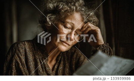 Contemplative Reading. A person with glasses thoughtfully reads a document 133939986