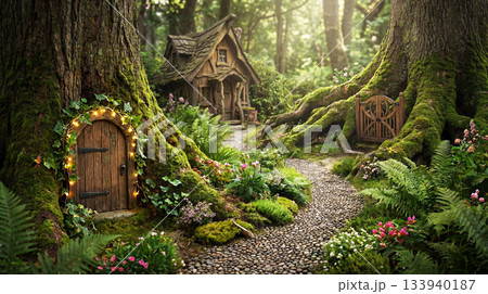 Magical and fantastic world of a city in the forest with tree houses 133940187
