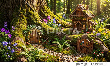 Magical and fantastic world of a city in the forest with tree houses 133940188
