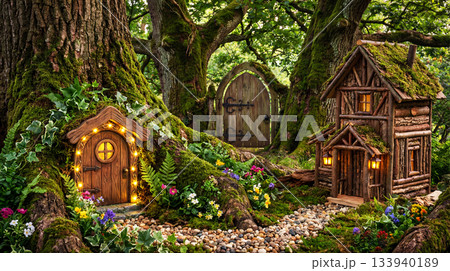 Magical and fantastic world of a city in the forest with tree houses 133940189